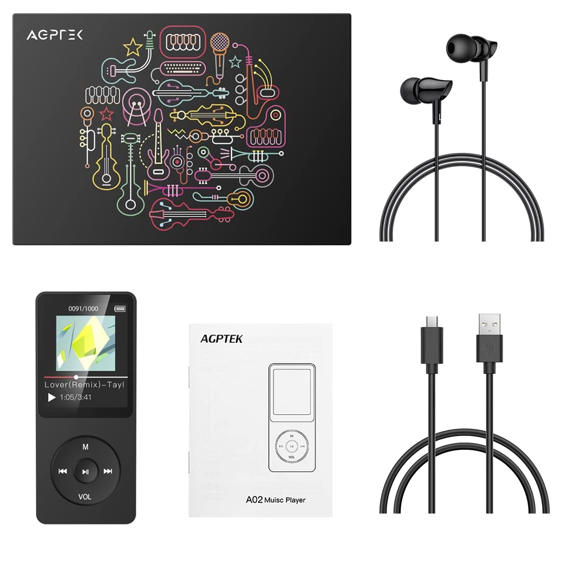 AGPTEK MP3 Player, 16GB lossless MP3 with 1.8 inch screen, 70 hours portable music player with headphones, FM radio, pictures, recordings, e-book, black.