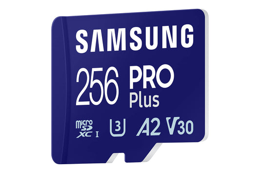 Samsung PRO Plus microSD card + SD adapter, 256GB, for mobile gaming on smartphones, tablets, and handheld consoles. UHS-I U3, Full HD & 4K UHD, 180MB/s read, 130MB/s write. Model: MB-MD256SA/EU.