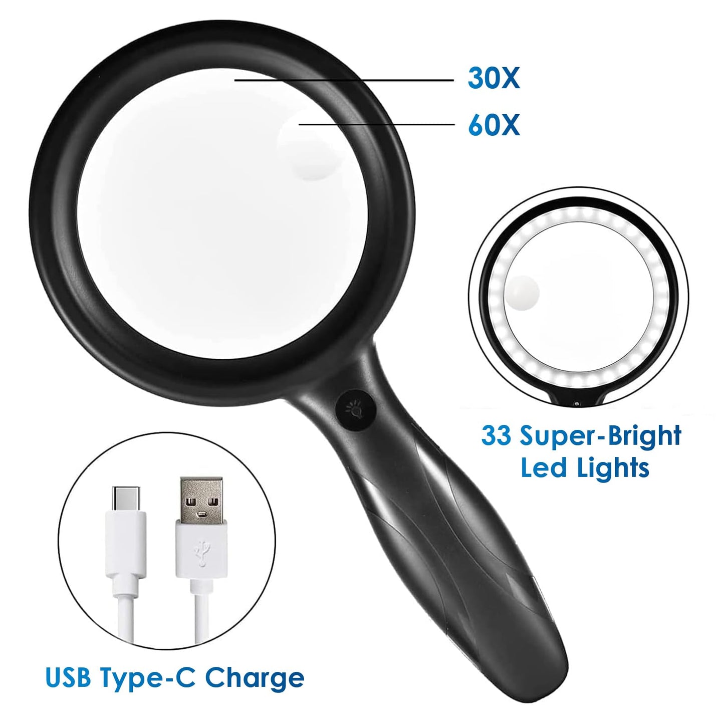 Magnifying Glass with Light, 60X 30X 33 LED Handheld Magnifier 30X Reading Magnifier with Light, USB Rechargeable Magnifier 3 Modes Reading Magnifier for Seniors, Kids, Jewelers, Hobbies