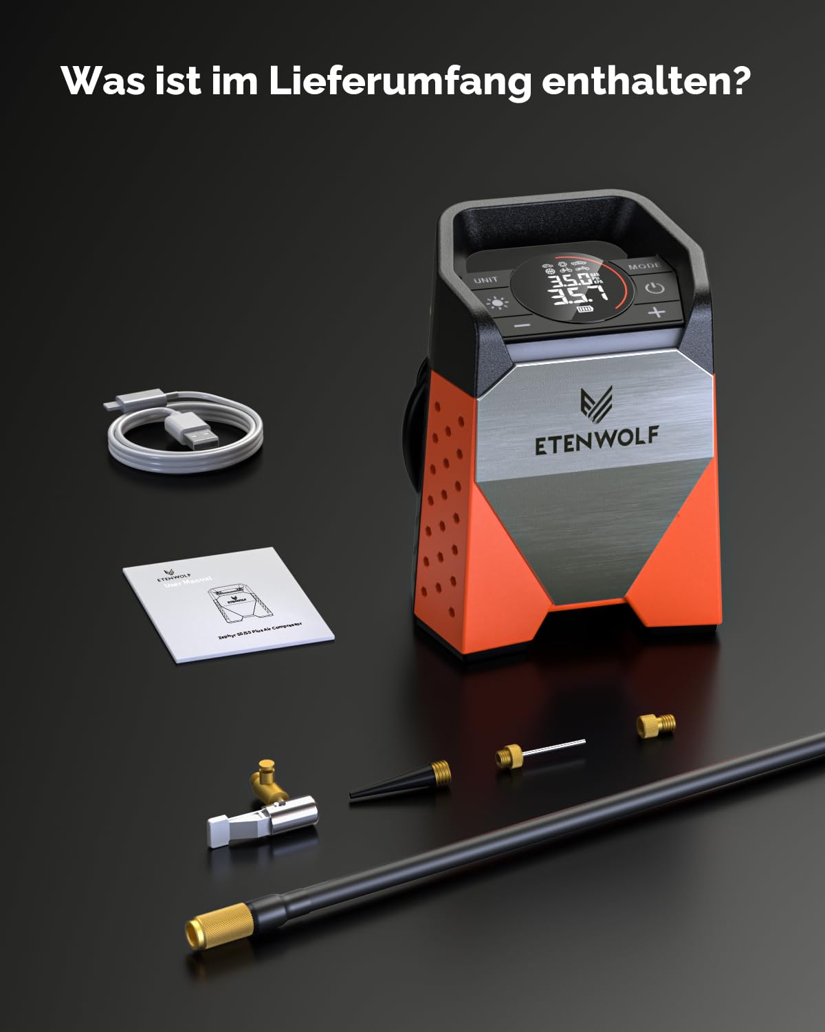 ETENWOLF ZEPHYR S3-7800mAh Electric Air Pump, 160 PSI/11.03Bar Portable Air Compressor for Car, Motorcycle, Bicycle, Balls. 1 Minute Quick Inflation, Digital LED Lights, USB Power Bank.