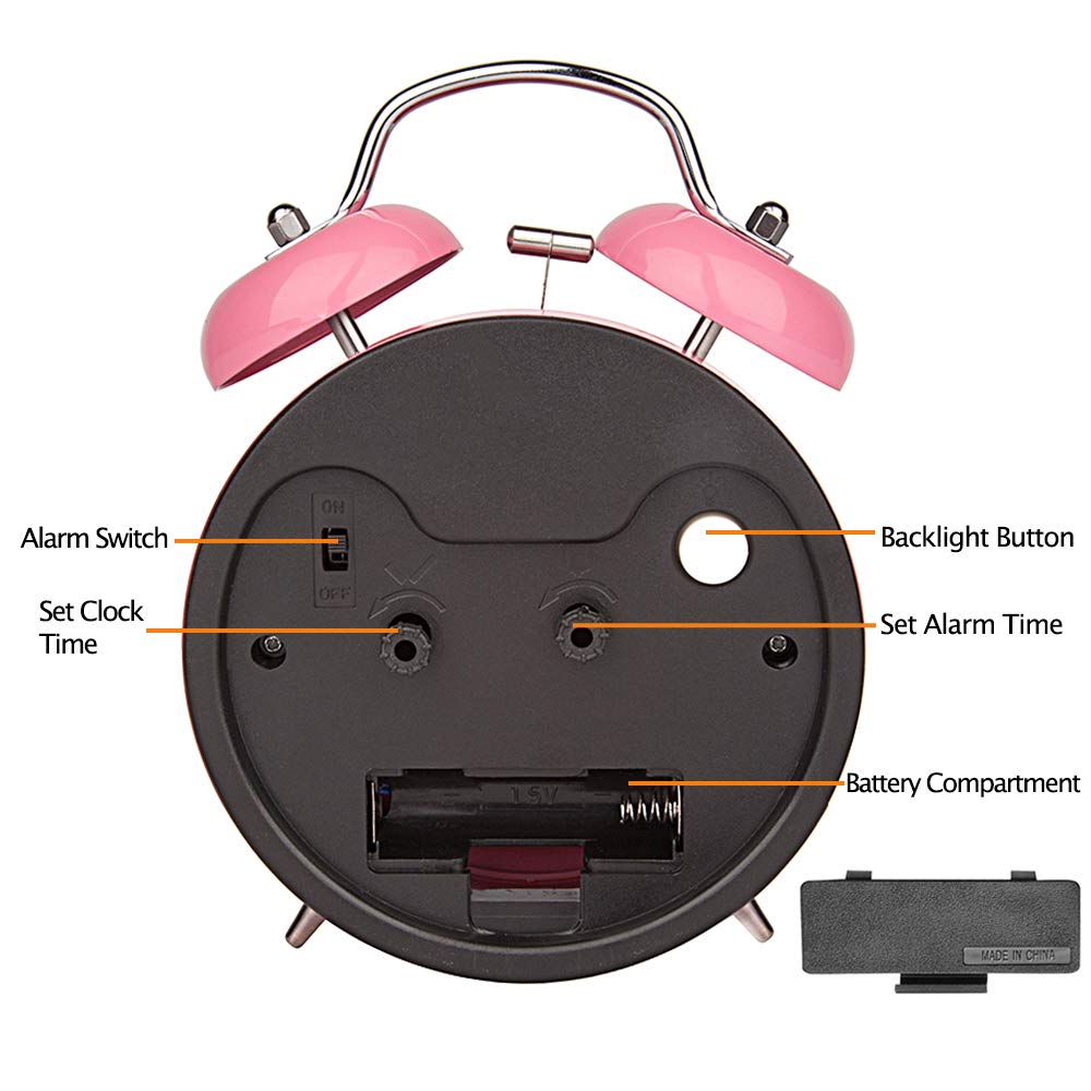 Eachui double bell alarm clock with night light, large 4-inch dial, analog quartz alarm with loud sound, no ticking, silent, battery operated kids alarm clock (pink)