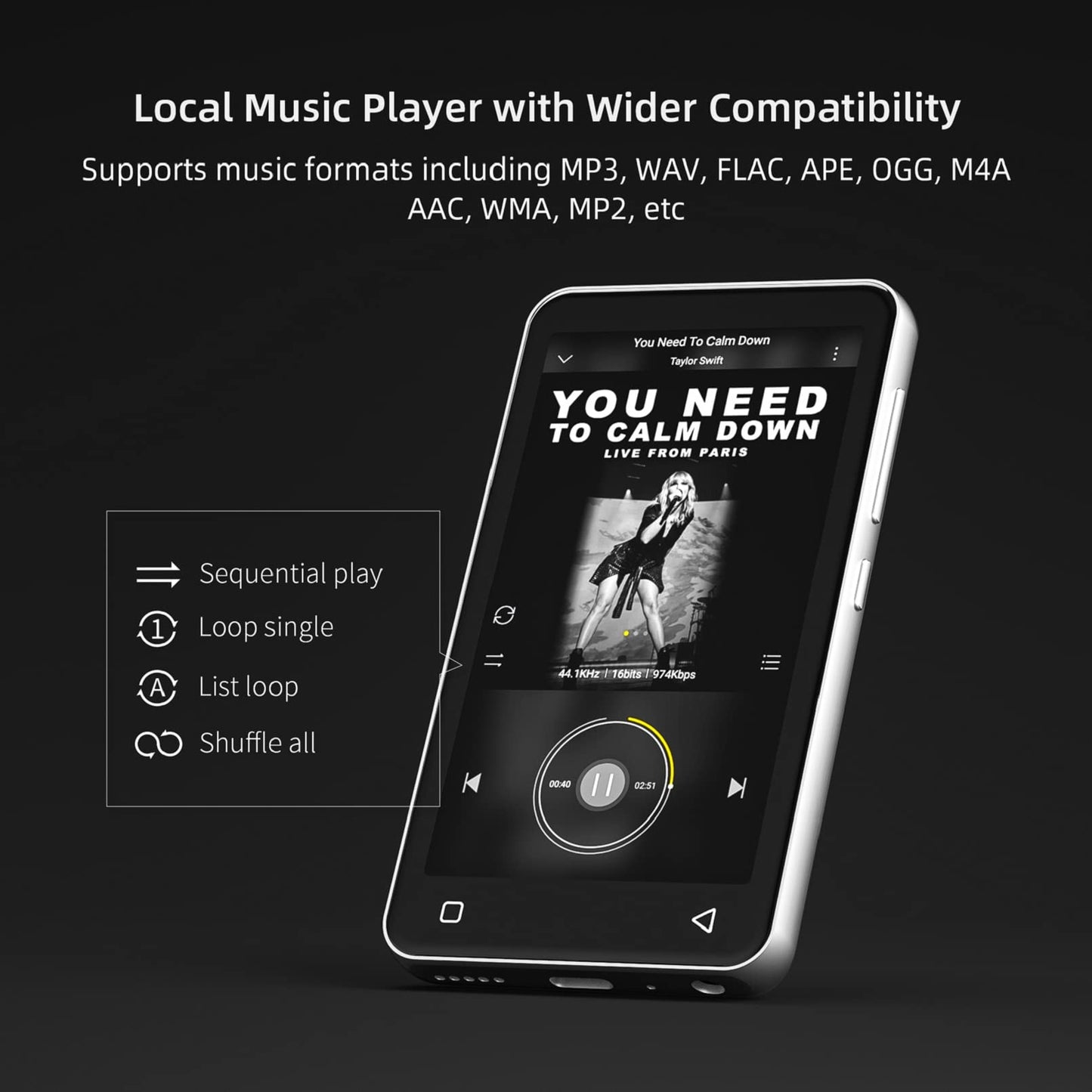 MP3 player with Bluetooth and Wi-Fi, 4" MP4-MP3 player with full touchscreen and Spotify, Android streaming music player with Pandora, portable HiFi sound, digital audio player with speaker white.