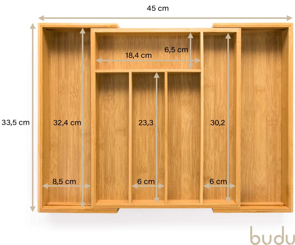 Budu cutlery tray #33.5 (depth 33.5cm) made of bamboo - Drawer organization system for the kitchen - Cutlery tray for drawers made of bamboo - Expandable - Kitchen drawer organizer - Kitchen organizer