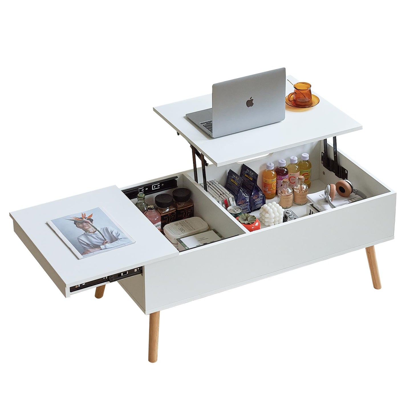 JanflyHome coffee table height adjustable with sliding plate, living room table adjustable in height, coffee tables with storage space, modern white coffee table with 2 large separate hidden storage compartments, White