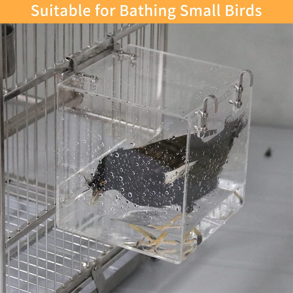 Aceshop Bird Bath Hanging Bird Bath Transparent Acrylic Bird Bath House Bath Box Bird Cage Accessory with Hooks for Small Birds Finch Budgie Canary Parrot-12.8 * 11.3 * 13 cm