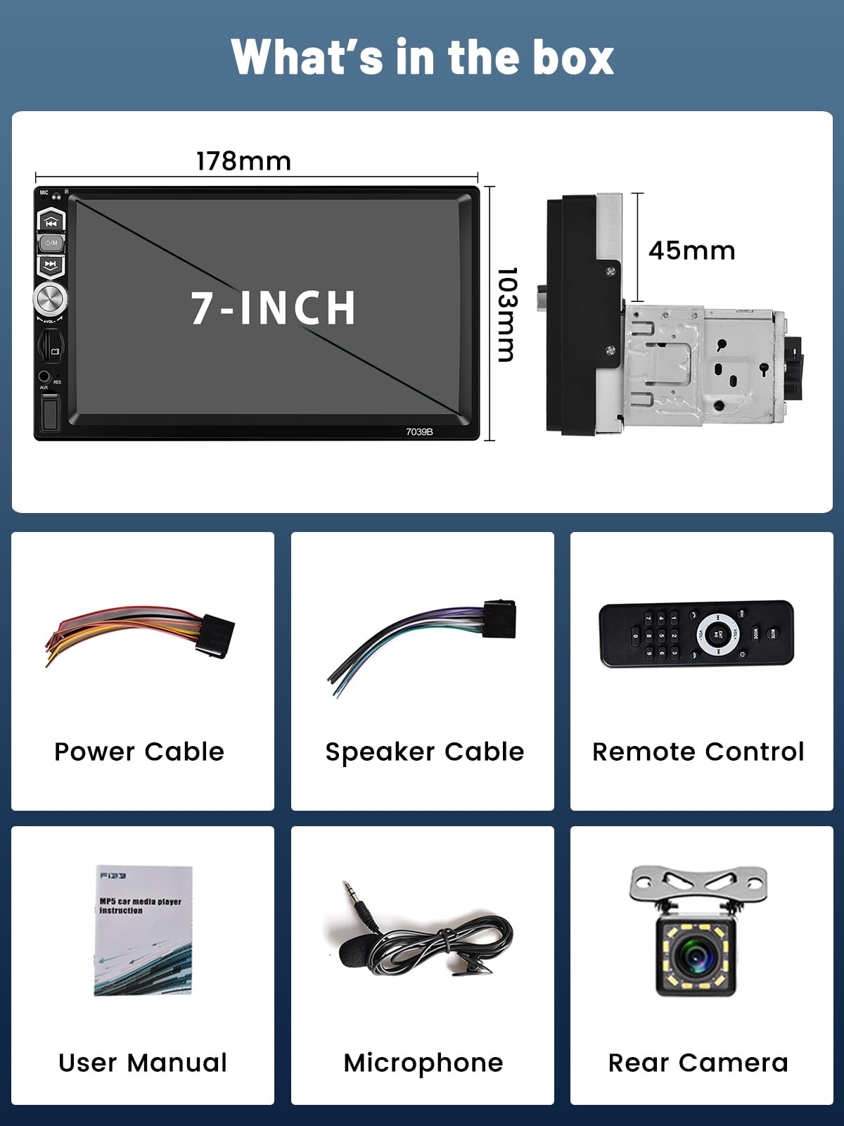 Hikity 7 Inch 1 Din Car Stereo with Bluetooth, Android Auto, Wireless Carplay, Touch Screen with Mirror Link for Android/iOS, FM Radio, USB, SWC, TF, Rear View Camera
