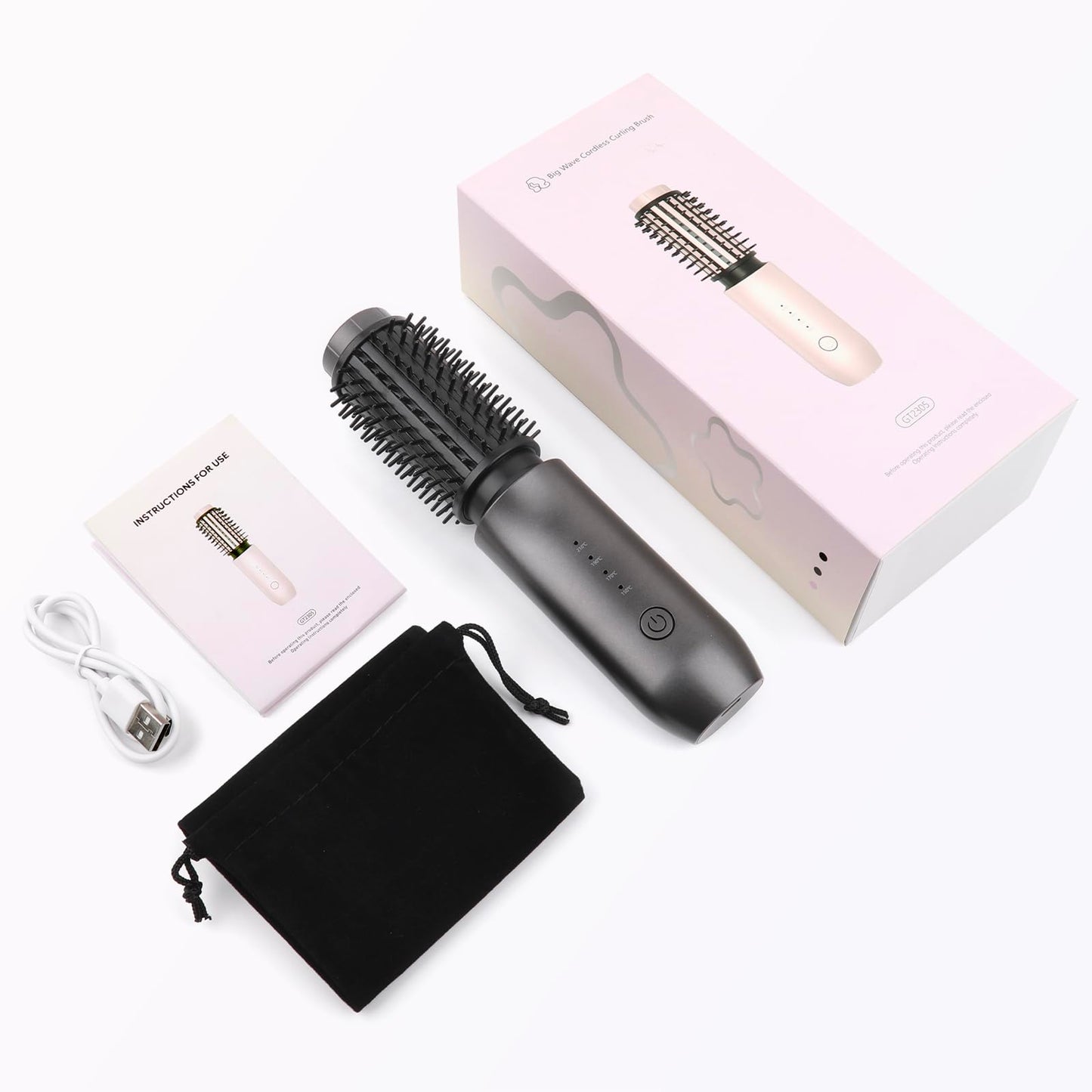 Wireless curling iron brush, 2024 NEW Portable travel curling iron mini brush for women, 7000 mAh USB rechargeable curling iron brush with negative ions, black.