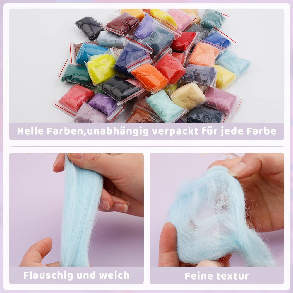 Ruasol needle felting kit, complete needle felting tool and accessories with 50 colors of wool, needle felting starter set with felt molds, high-density foam storage box for felting animal crafts.