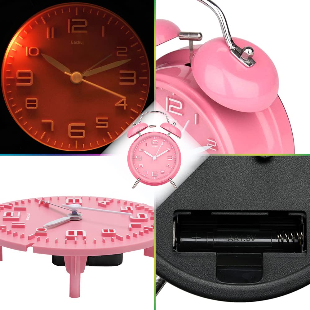 Eachui double bell alarm clock with night light, large 4-inch dial, analog quartz alarm with loud sound, no ticking, silent, battery operated kids alarm clock (pink)