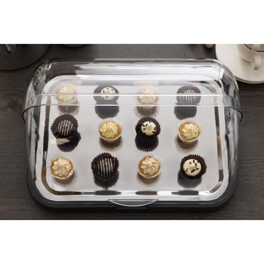 APS Buffet Display Case - Double-sided transparent roll top cover, one tray, ONE stainless steel tray, and TWO cooling packs - Made in Germany.