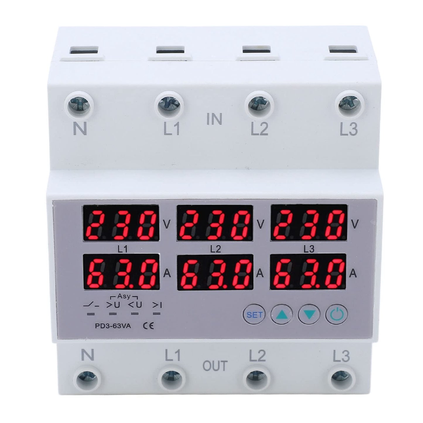 3-phase DIN rail voltmeter-ammeter multitester, AC 390-500V automatic overvoltage-overcurrent protection (63A)
