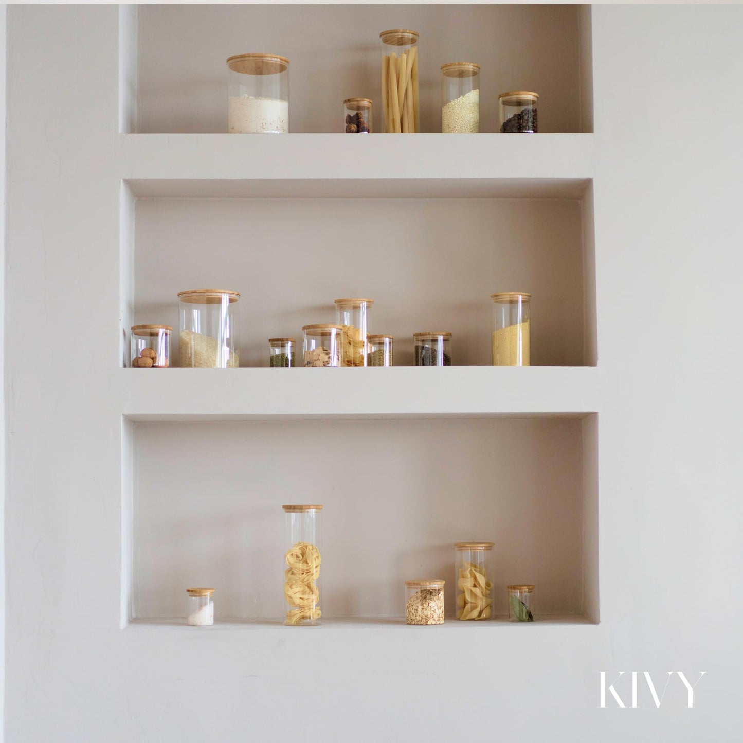 KIVY storage jars with airtight lid - 2 x 1.8L - For spaghetti, flour, cereals storage glass - Pasta jars with lid - Large spaghetti storage glass - Pasta jars with bamboo lid.