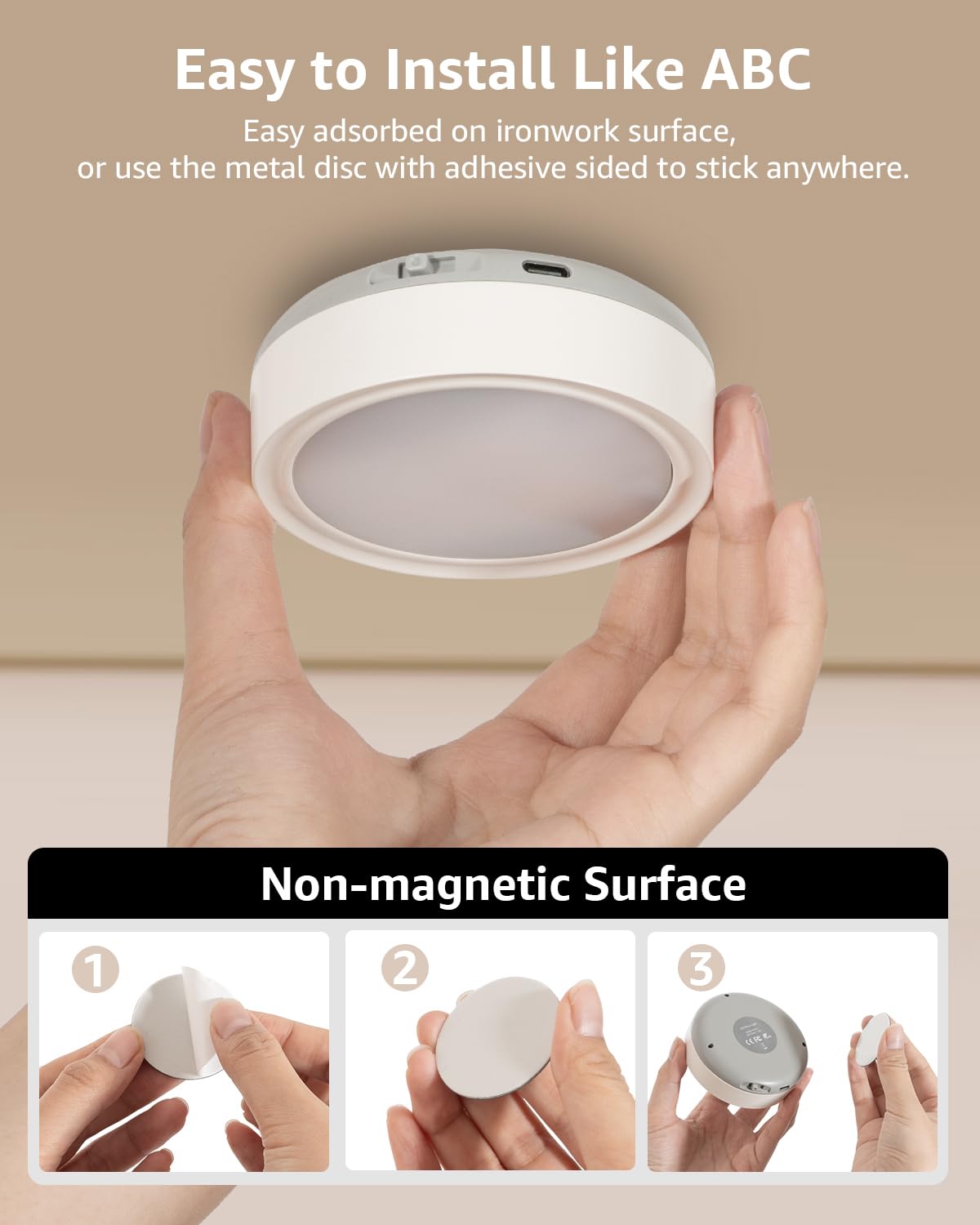 Rechargeable LED spot with remote control, 2400mAh battery operated wirelessly dimmable display lighting with timer and magnet, round under cabinet light kitchen battery without cable USB-C cabinet lighting.