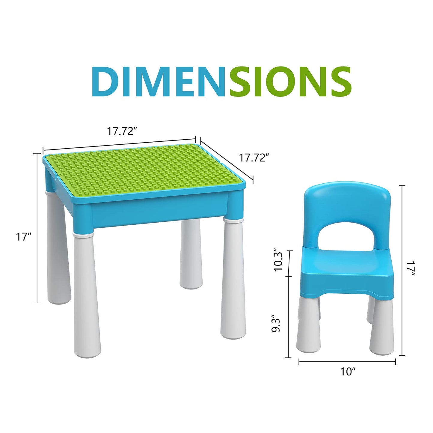 Burgkidz 5-in-1 Children's Activity Table Set - 128 Pieces Compatible with Building Blocks Toys, Play Table Includes 1 Chair and Building Block Table with Storage, Green Base Plate/Blue Color
