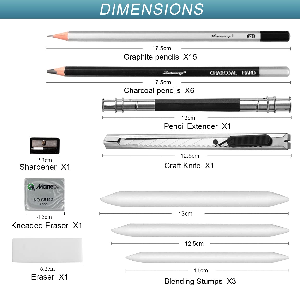 Surcotto Pencil Set, 21 pencils with 1 sharpener, 2 erasers, 1 extender, 3 paper stumps. Professional drawing set for beginners, metal case, range from 10B to 4H, total of 30 pieces.