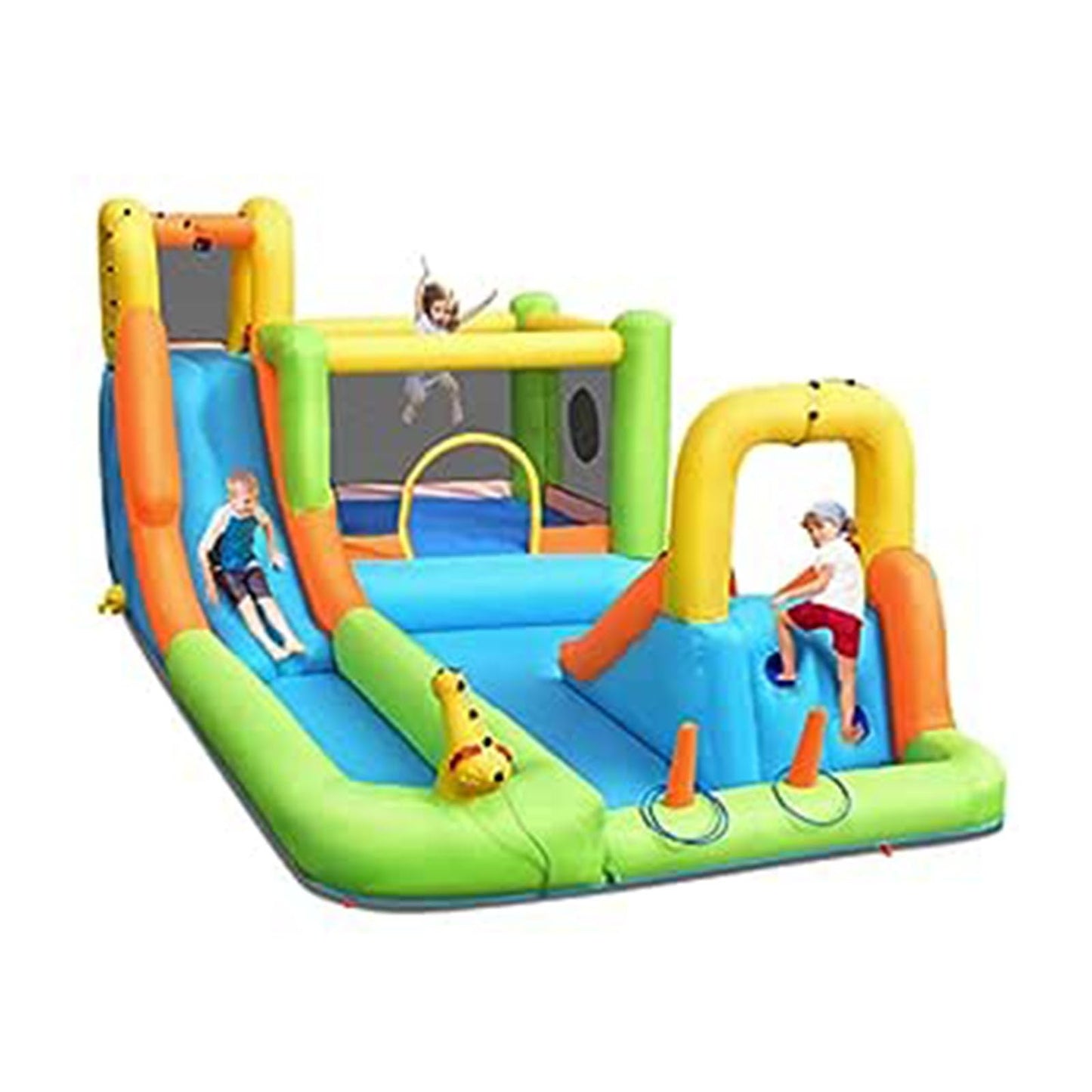 GOPLUS Inflatable Bounce House, Water Slide with 2 Splash Pools, 2 Slides, Climbing Wall, Water Cannon, Basketball Hoop, Toss Game & Target Balls, for 3-10 years, 503 × 290 × 216 cm (Without Blower)