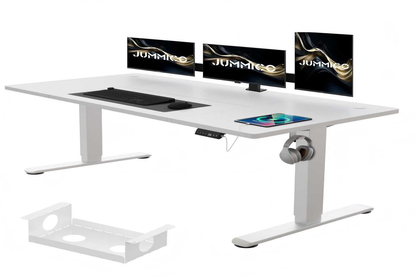 JUMMICO adjustable desk 180 x 80 cm with cable tray, Electric height adjustable standing desk with USB outlet, Computer desk, Ergonomic standing-sitting table, Office desk, White