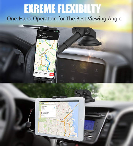 woleyi Tablet Holder for Car Dashboard, Car Tablet Phone Mount with Suction Cup Telescopic Arm for iPad Pro 9.7, 10.5, 11 / Air Mini 5 4 3 2, Galaxy Tabs, iPhone Series 4-11" Phones and Tablets