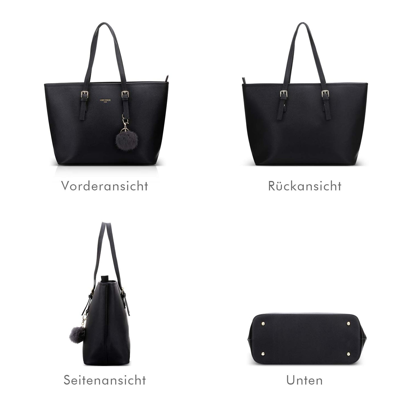 LI&HI Women's Handbag Elegant Shopper for School Black with Pom Pom 34 x 29 x 15.5 cm