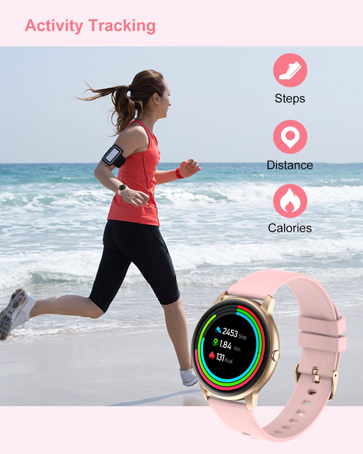 GRV Round Smartwatch for women and men with heart rate monitor, pedometer, sleep tracker, 7 days battery life, personalized watch face.