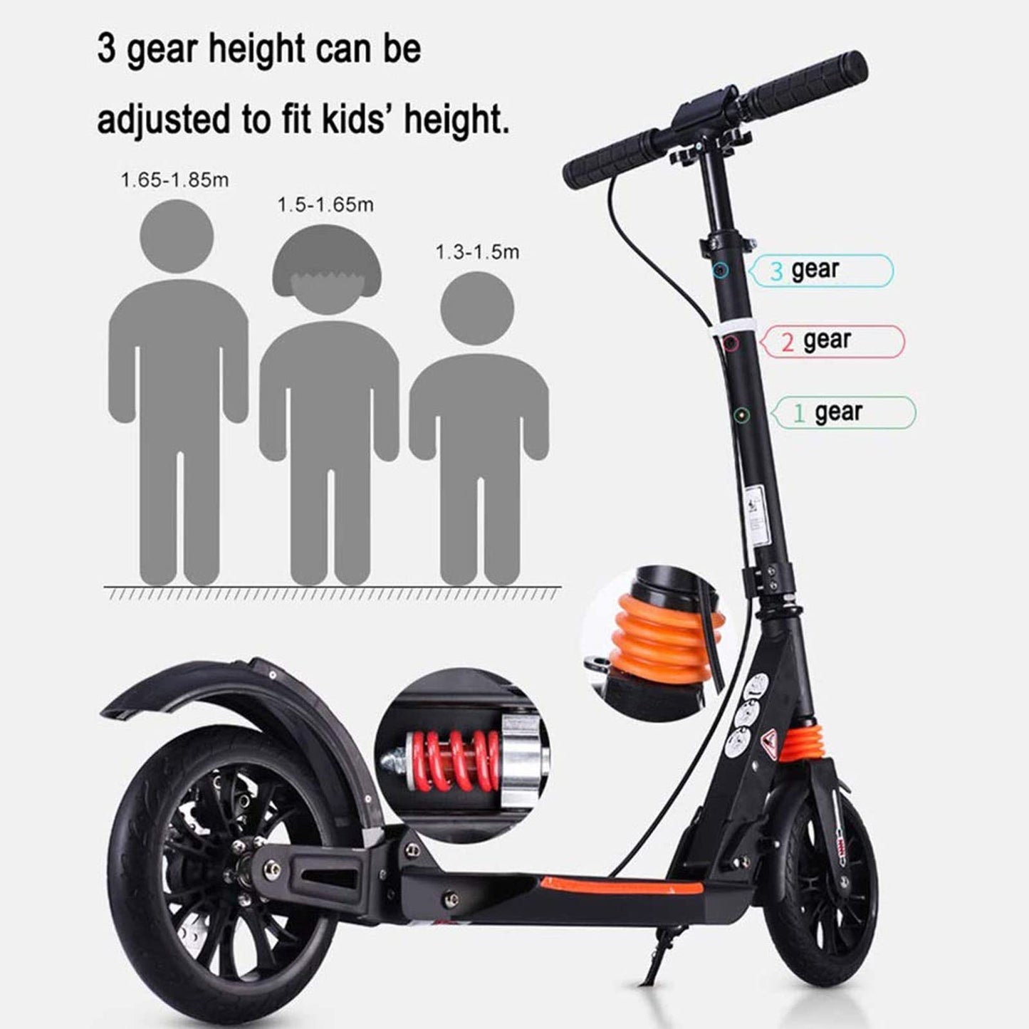 Adult Kick Scooter with Big Wheels, Dual Suspension, Folding Design, Anti-Slip PU, Double Shock Absorption System with Disc & Hand Brake, 150kg Capacity.