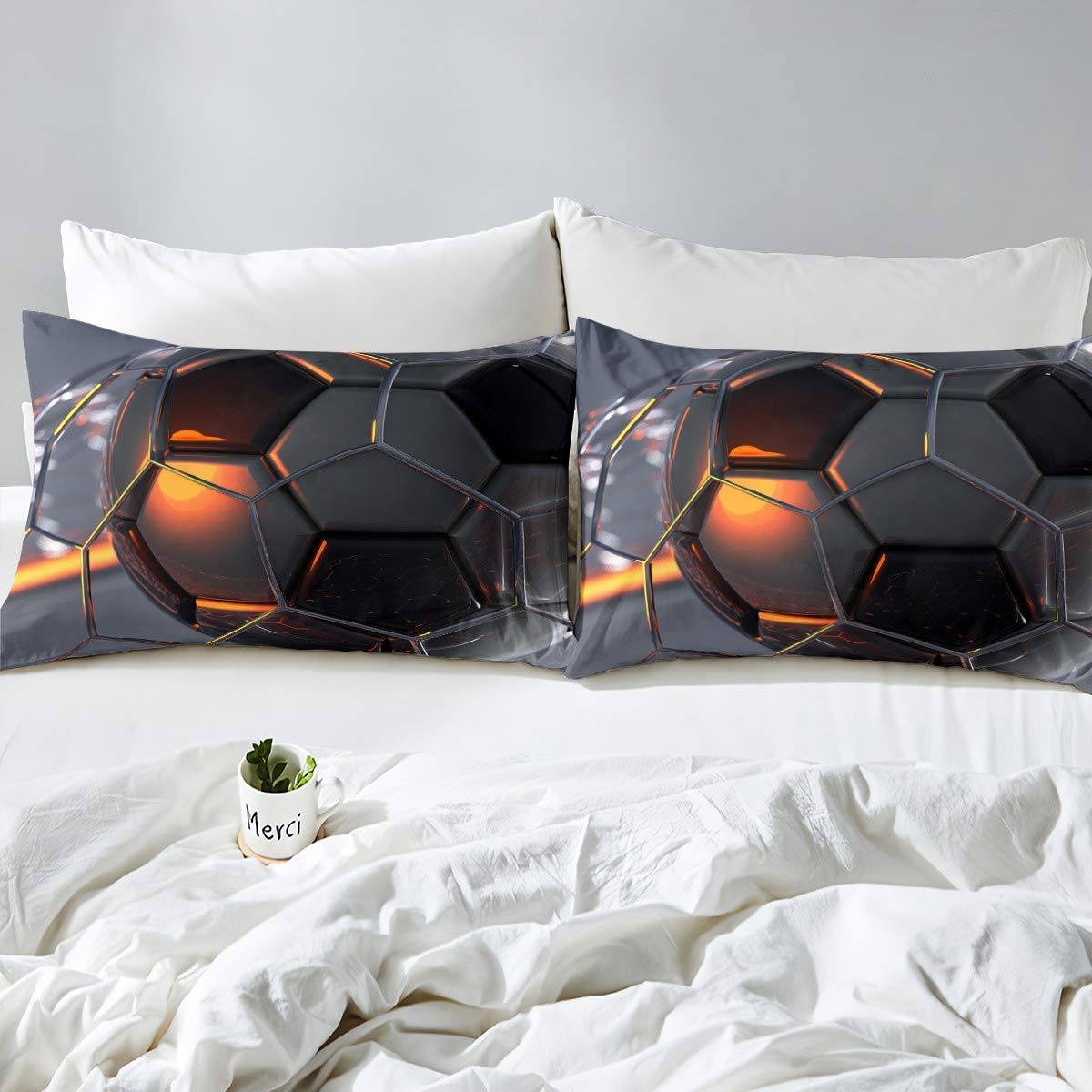 Loussiesd kids' bedding set soccer print duvet cover set black grey 2pc 135x200cm microfiber bedding for boys teens soccer sports theme with 1 pillowcase zipper