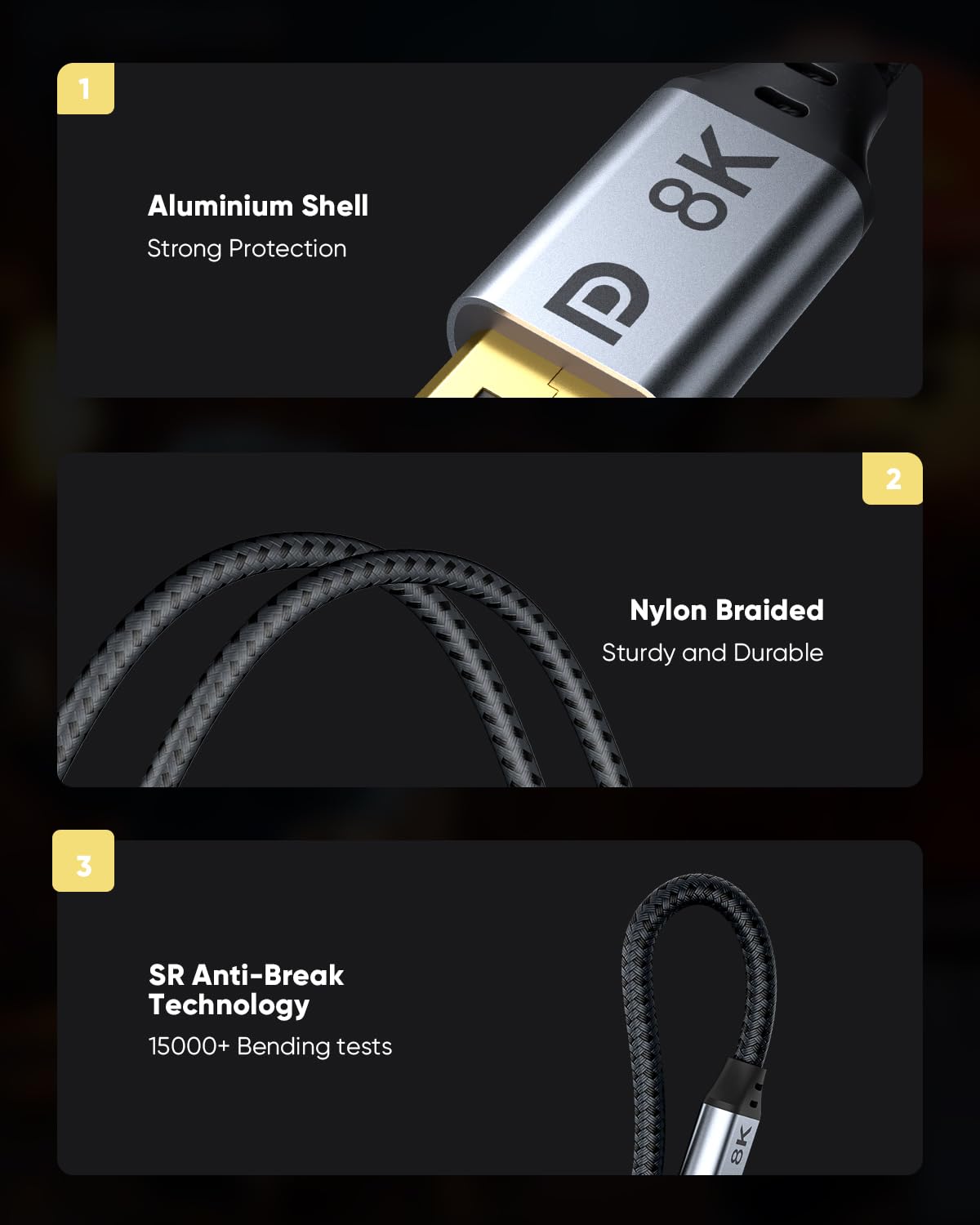 8K DisplayPort Cable 1.4 4M, 8K DP 1.4 cable (8K@60Hz, 4K@144Hz, 2K@240Hz) supports 32.4Gbps, HDR, FreeSync, G-Sync, DP to DP cable compatible for laptop, PC, TV, gaming monitor.