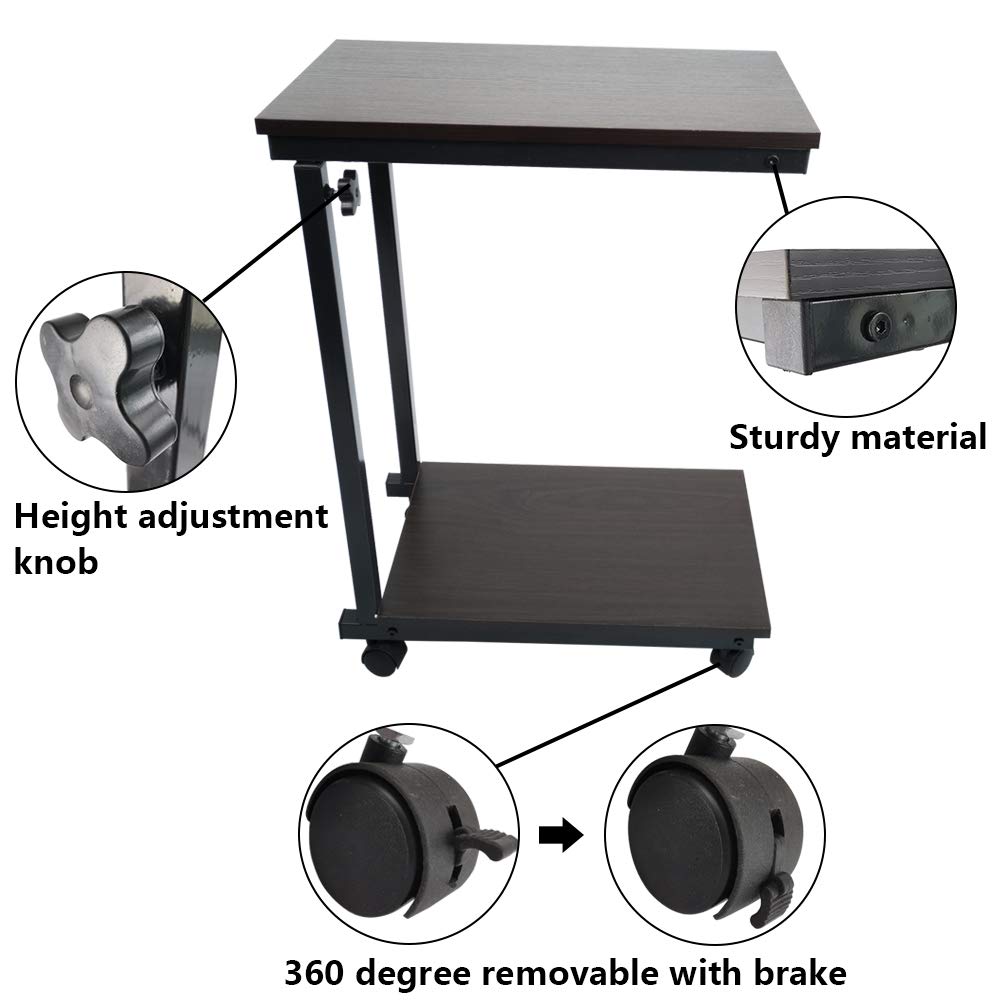 KKTONER Side Table Sofa Table Height Adjustable Bedside Table Coffee Table with Wheels Walnut Effect