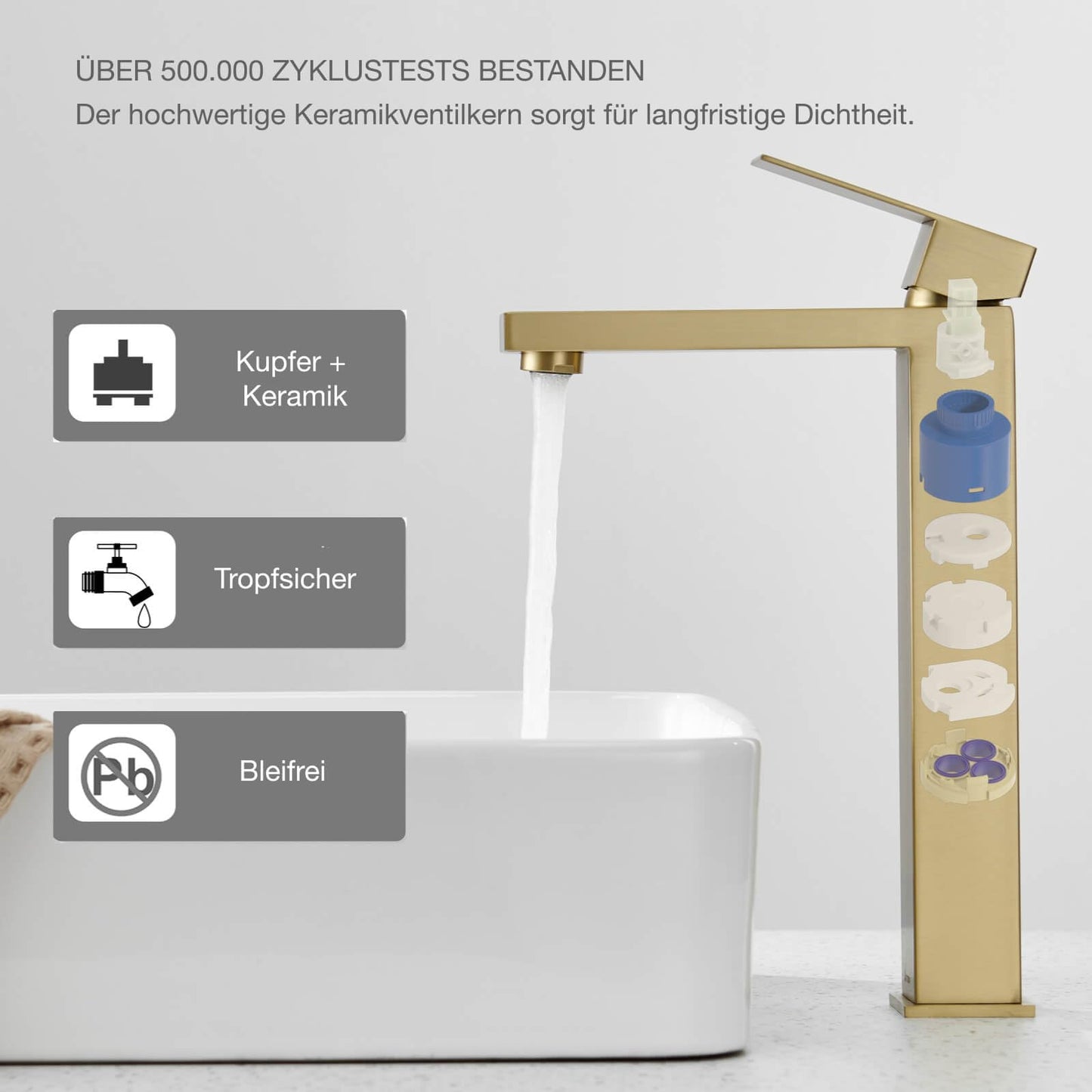 DETBOM Bathroom Faucet Gold, High Basin Faucet made of stainless steel, High spout height 250 mm, with low-noise ceramic valve core, Mixer Tap for Hot and Cold Water Adjustable