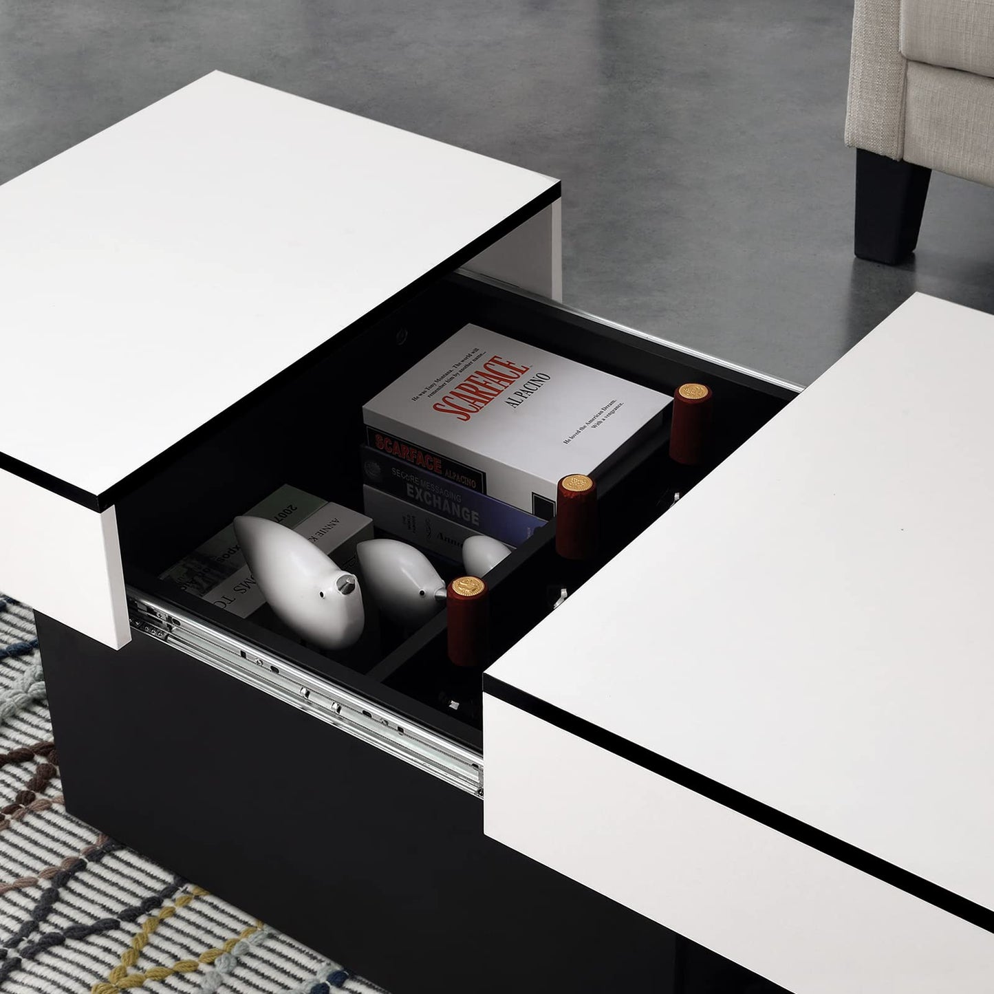 VOWNER coffee table, coffee table with 2 storage compartments, living room table, high gloss, extendable desk, modern table, 114 x 58 x 40 cm (White)
