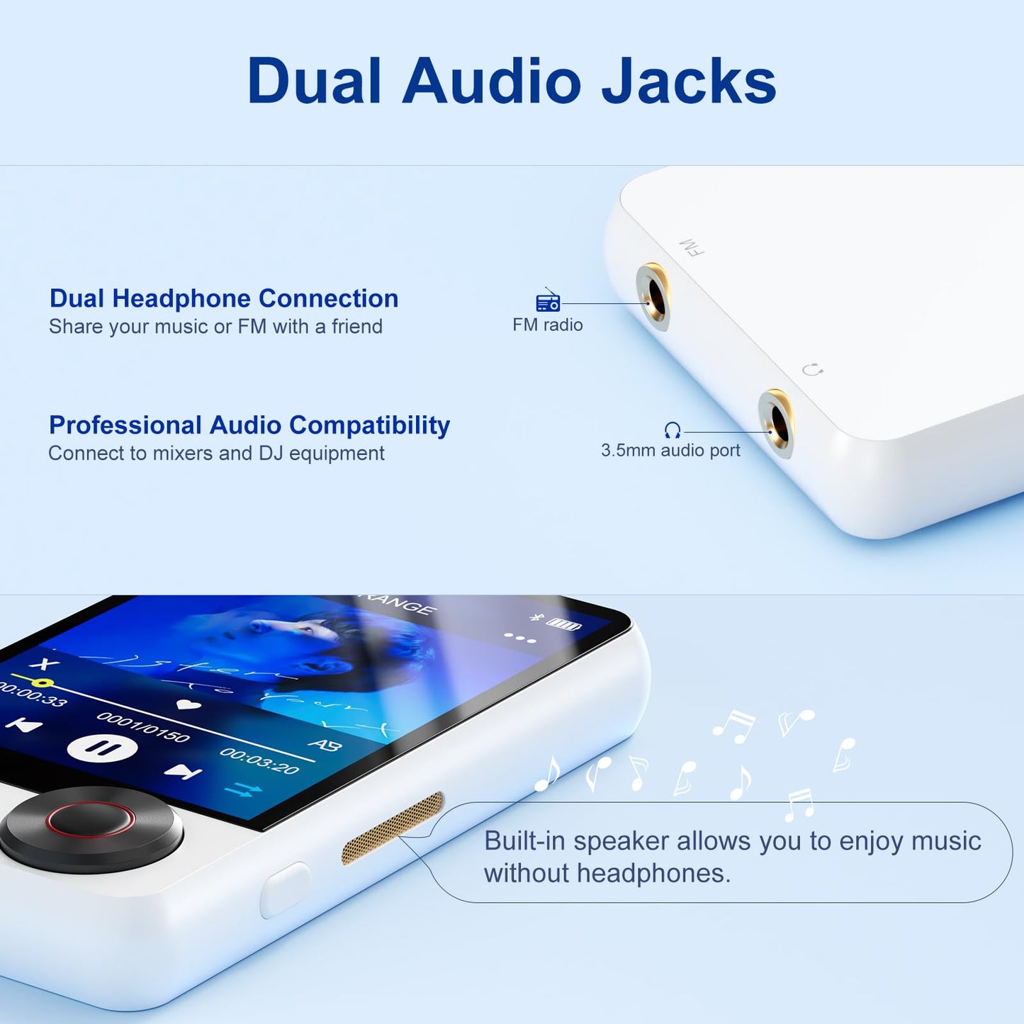 128GB MP3 player with Bluetooth 5.3, 2.4" touchscreen, HiFi digital audio music player with dual headphone jacks, built-in HD speaker, voice recorder, FM radio, supports up to 128GB.