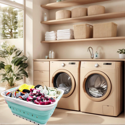 SAMMART 42L Collapsible Plastic Laundry Basket - Foldable Pop Up Storage Container/Organizer - Space Saving Hamper/Basket (White/Lake Green, 1)