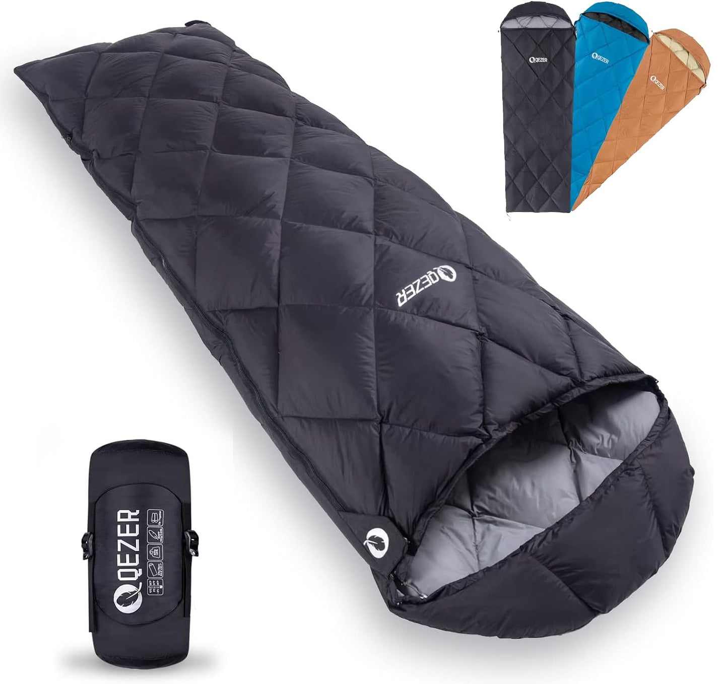 QEZER Summer Sleeping Bag, Ultralight Sleeping Bag with Small Pack Size filled with 600FP Down for Adults and Children Camping, Trekking, and Hiking Outdoors (Black)