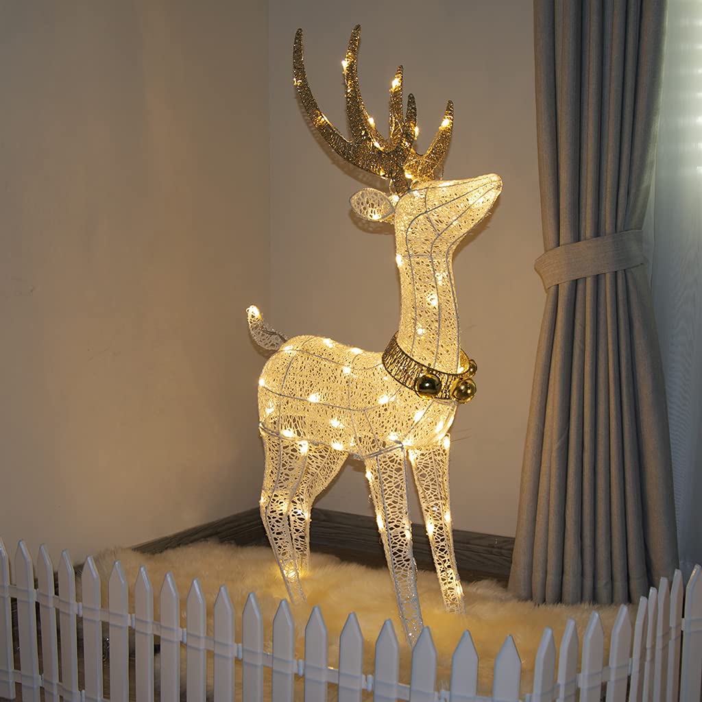 Illuminate your home this holiday season with this charming 1.2M golden and white iron frame LED reindeer decoration. Perfect for both indoor and outdoor use, this glowing Christmas decor will bring warmth and cheer to your space.