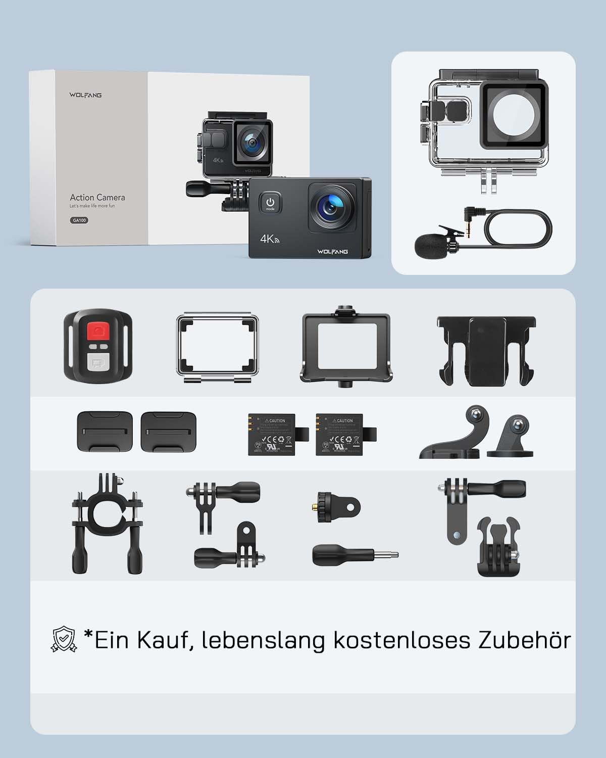 WOLFANG GA100 Action Cam 4K 20MP underwater camera WiFi 40M waterproof EIS stabilizer helmet camera 170° wide angle camcorder (external microphone, 2.4G remote control, 2 batteries and accessory kit)