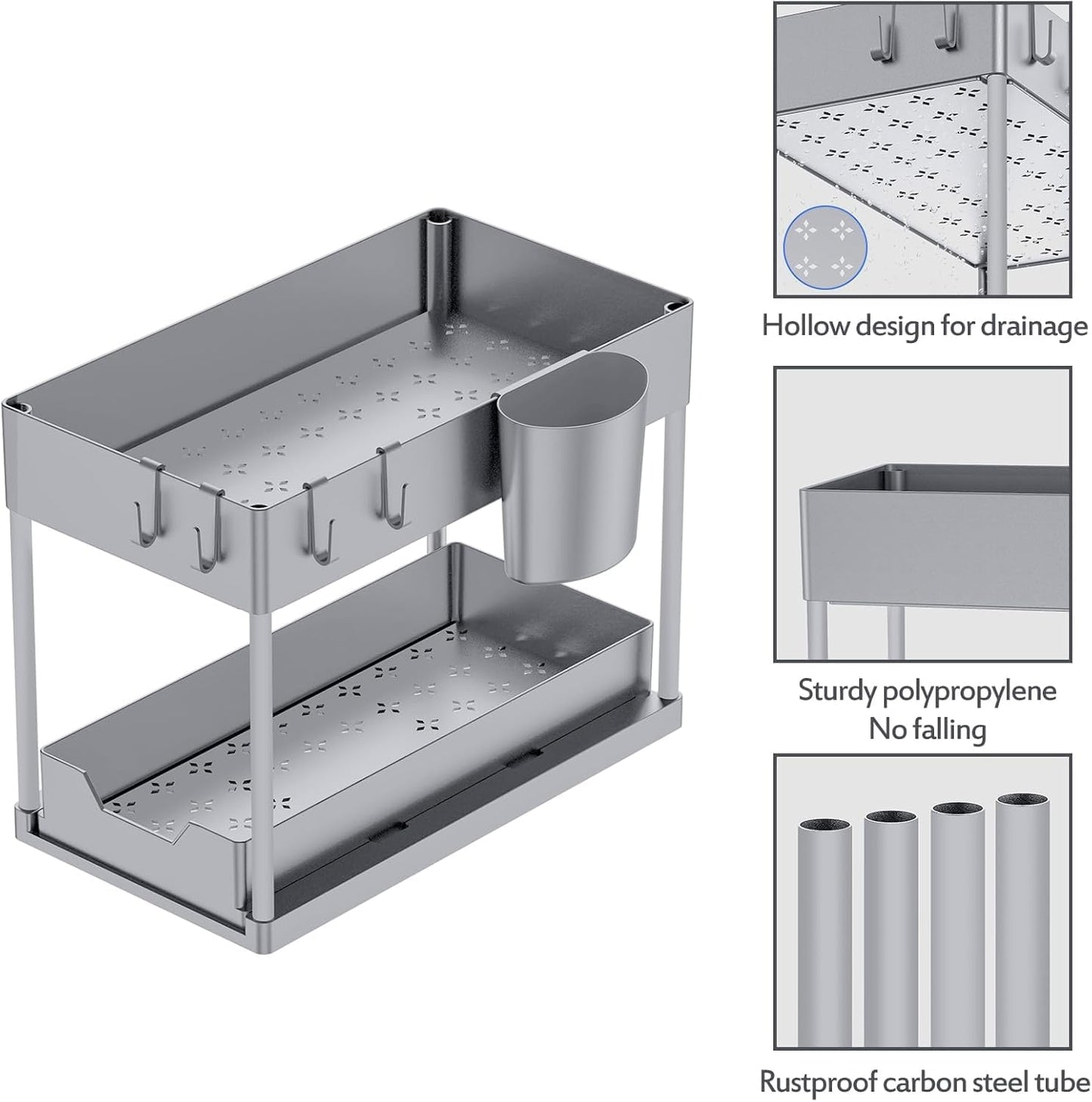 Puricon Under Sink Shelf, 2 Tier Standing Rack Kitchen Countertop Organizer, Multifunctional Kitchen Shelf Spice Rack Under Cabinet Shelf Sink Cabinet Rack - Grey