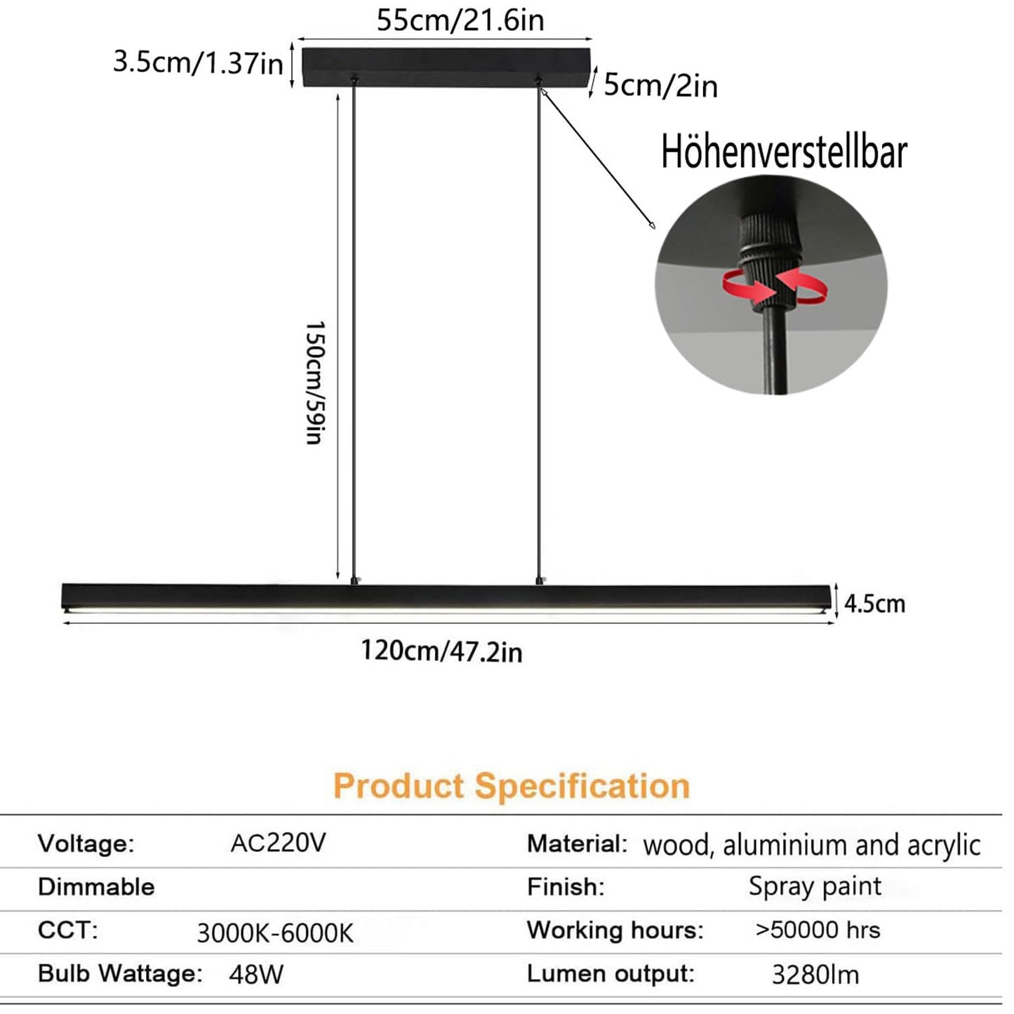 SENFAY 120cm LED pendant light dining table dimmable, pendant light black with remote control, 48W modern linear design pendant light, dining table lamp hanging adjustable height for dining room kitchen office
