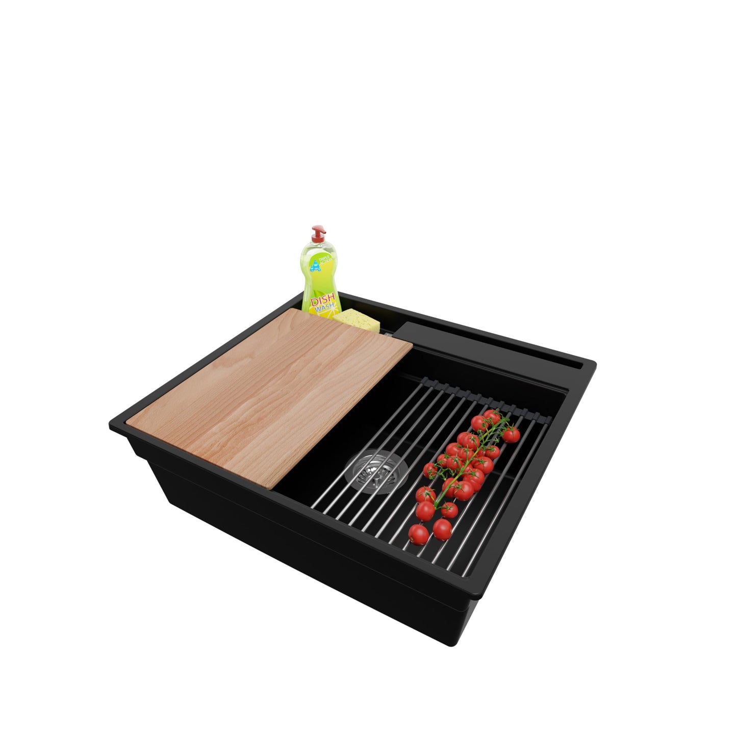 PRIMAGRAN Sink Black 58x53cm, granite sink 1 basin + drain set + kitchen accessory set, kitchen sink from 60cm base unit - Oslo Pocket