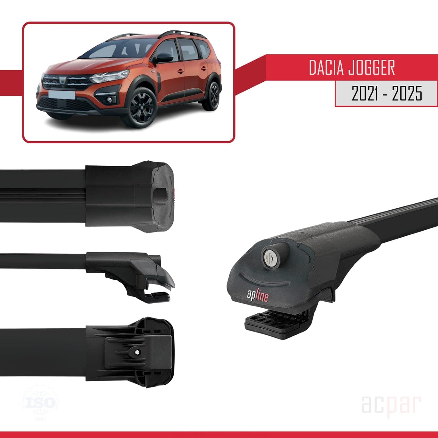 acpar Compatible with Dacia Jogger 2021-2025 ACE-1 Roof Rack Cross Bars Black Aluminum 2 Bars