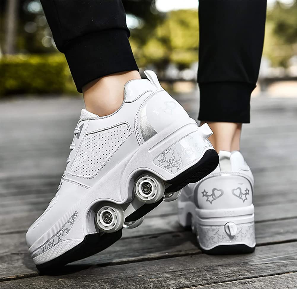 Shoes with wheels, roller skates, skateboard shoes, children's shoes with wheels, skate shoes, roller shoes, sports shoes, running shoes, sneakers with wheels for girls and women, white silver, size 39 EU.