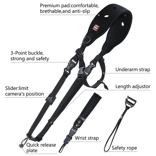 Airminti Camera Shoulder Strap and Hand Strap Set, secondary protection, adjustable, quick release, neoprene, black, camera strap for camera, camcorder with 1/4 inch tripod thread.