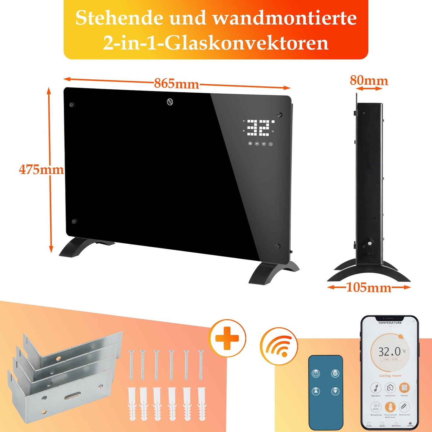 Jopassy Infrared Heater 2000W, Convector Heater with Thermostat & App Control Remote, Electric Radiator IP24, Wall Mounted, Portable Electric Heater Energy Saving.
