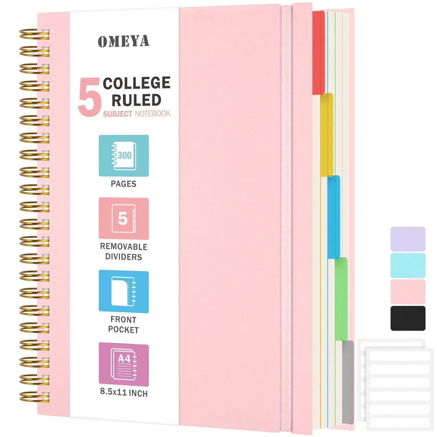 Notepad, A4 lined notebook, notebooks with 5 compartments and removable dividers, 300 sheets 100GSM spiral notebook softcover for writing, for work and school supplies, 21.5 x 27.9cm, pink.