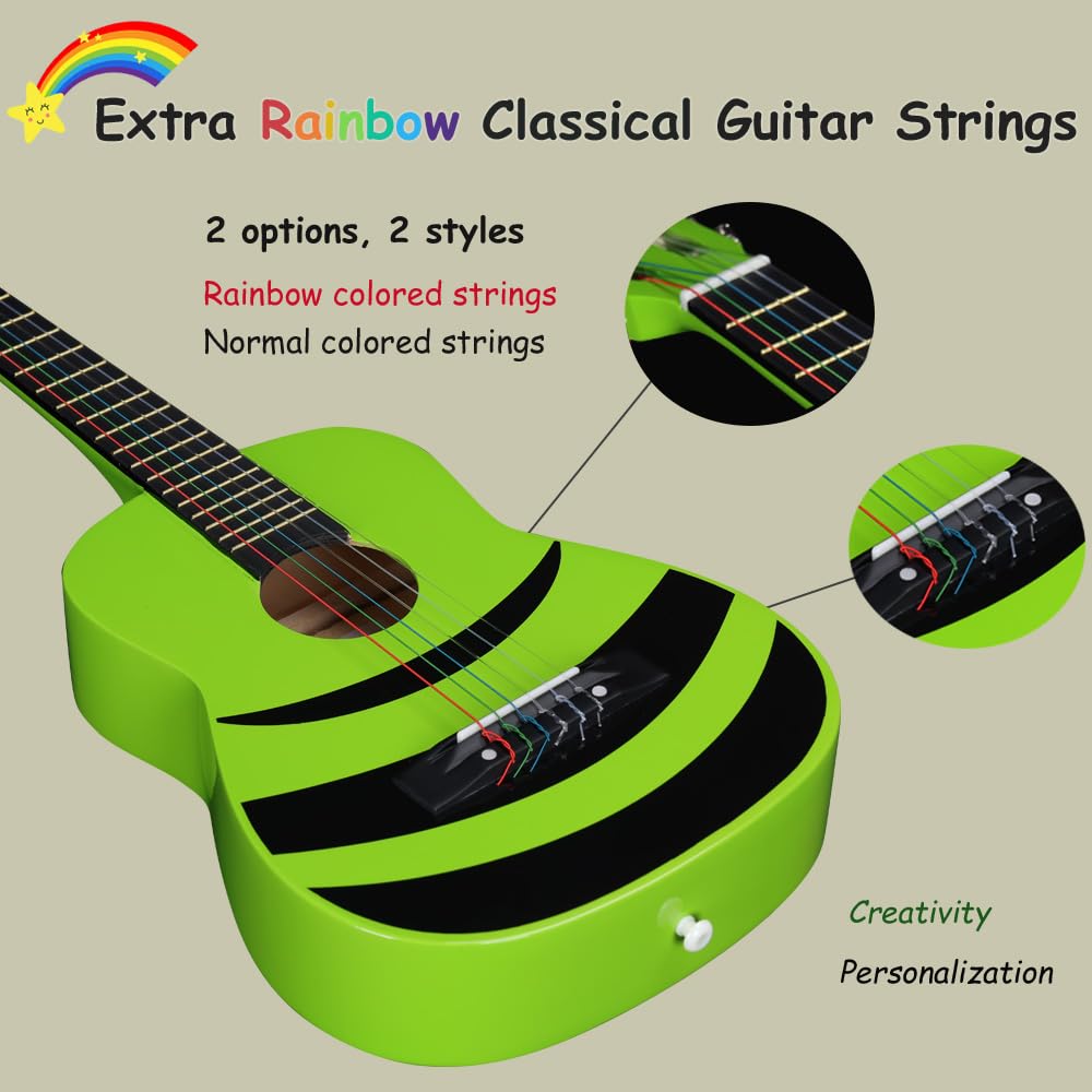 ADM 1/4 Children's Guitar Junior Classical Guitar for Beginners with Tuner, Bag, Strap, Extra Strings, and Picks, Green Honeybee