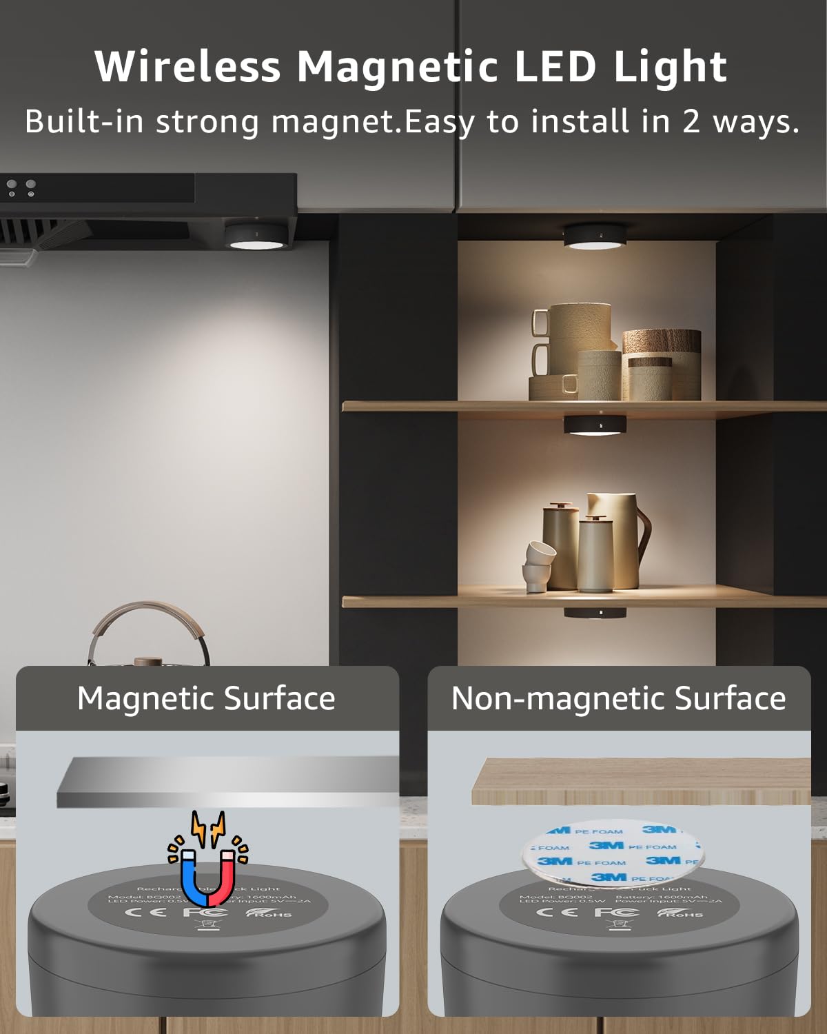 RGB LED spot with remote control, 2400mAh USB rechargeable display lighting Wireless dimmable under cabinet light kitchen LED round color changing spot battery adhesive light cabinet light with magnet and timer.
