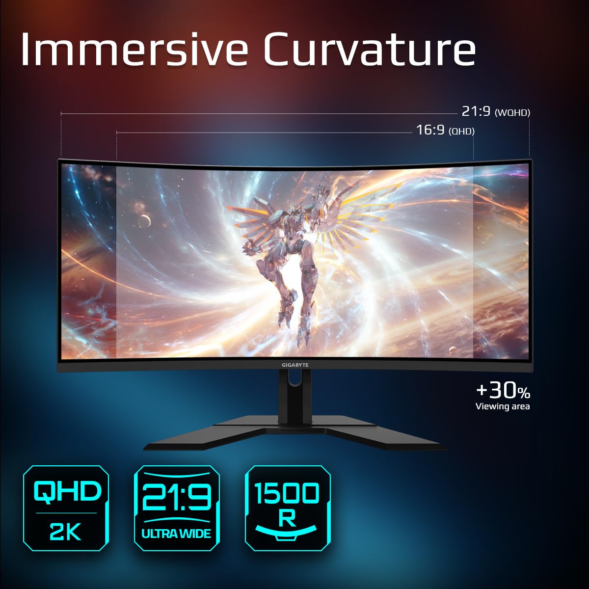 Gigabyte G34WQCP 34" WQHD Curved Gaming Monitor - 3440 x 1440, VA panel, 180Hz refresh rate, 1ms response time, 1500R curvature, 350 cd/m² brightness, FreeSync Premium, DisplayHDR 400, HDMI 2.0, DisplayPort 1.4
