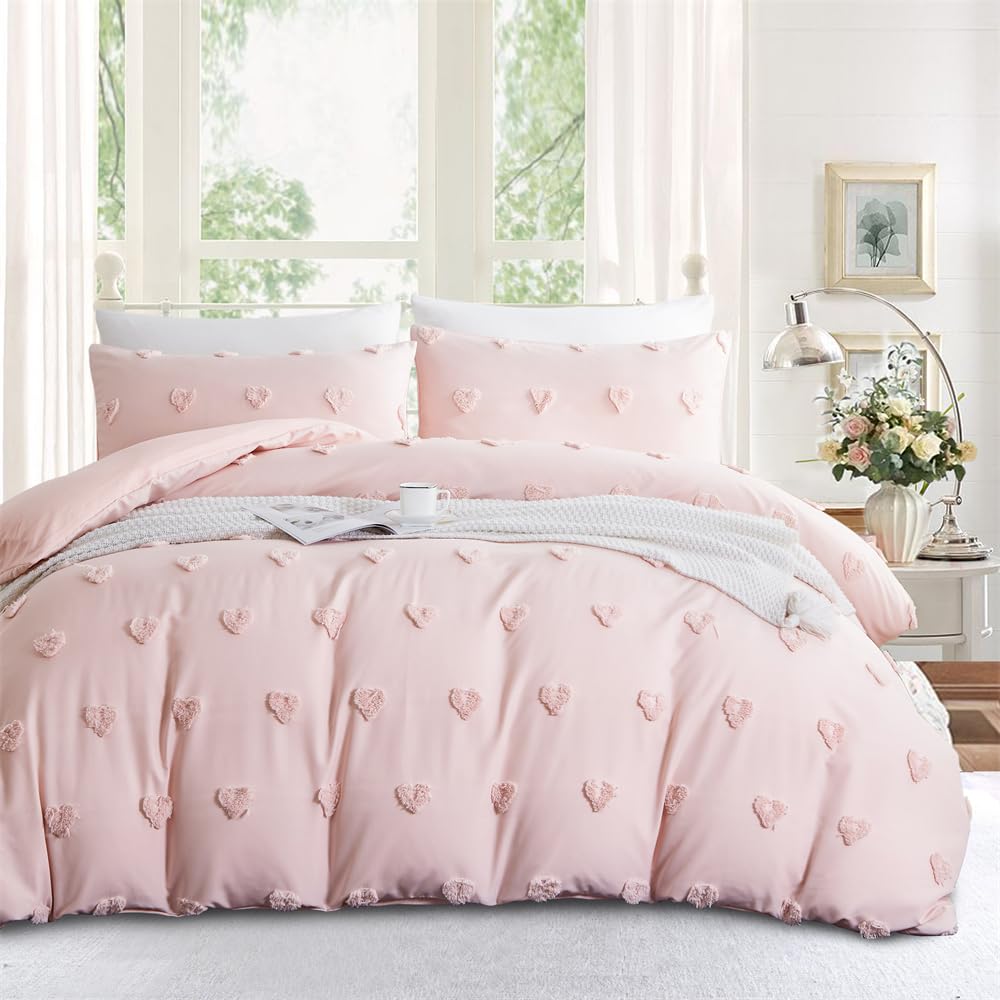 Freyamy Bohemian bedding set 135x200cm 2-piece Pink Tufted Heart Boho bedding Embroidery Shabby Chic bedding sets Microfiber Soft duvet cover with zipper and pillowcase 80x80cm