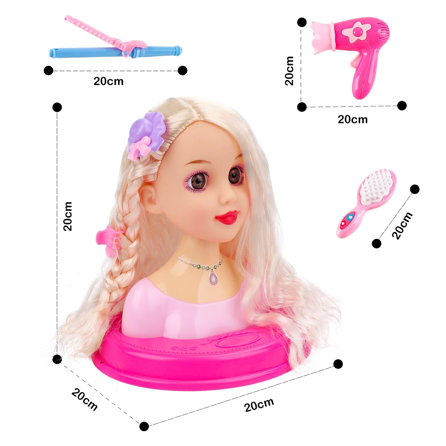 deAO Styling Head Doll for Kids, Styling Doll Head with Hair Dryer, Styling Head for Princess Dolls, Hair & Makeup Accessories, Toy for Girls 3+ years old