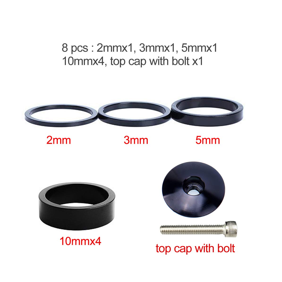 PLAIN Bicycle Ahead Stem Spacer 1/8" Aluminum MTB Road Bike Spacers Headset Spacer with Ahead Cap 2/3/5/10mm (8 Pieces)