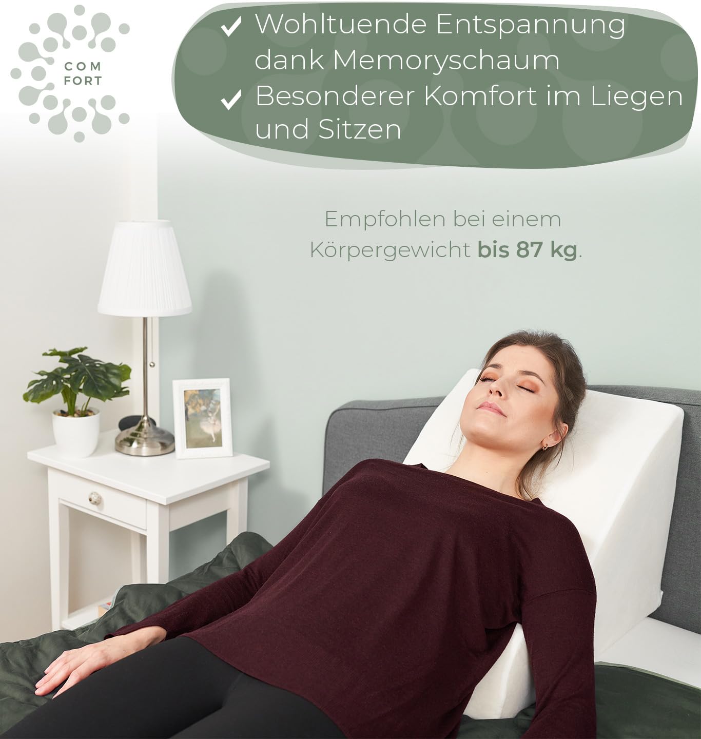 Ergonomic reading pillow for bed and sofa - Comfortable backrest with memory foam - Can be used as a reflux pillow, wedge pillow for bed, bed backrest in sitting and lying positions, GRAY